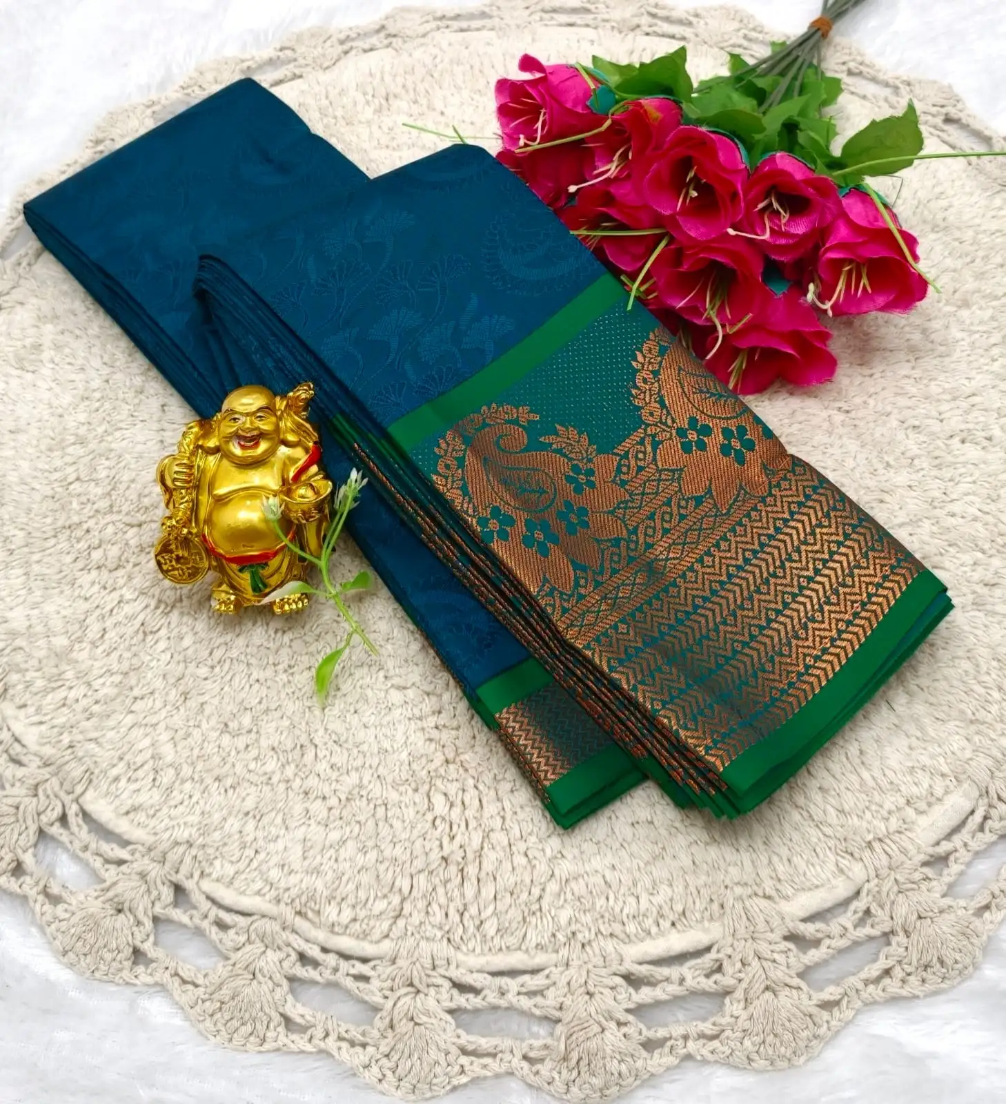 Narayana Pettai Peacock Blue Green Paisley Cotton Saree
